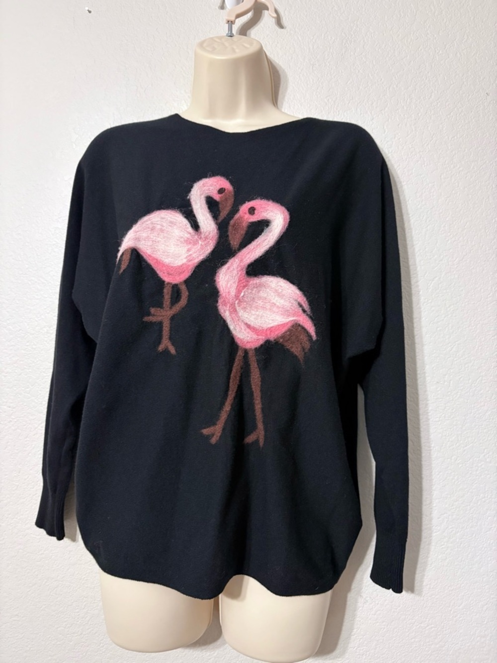 Aaeda Black Dolman Lightweight Sweater with Needle Felted Pink Flamingo Motif